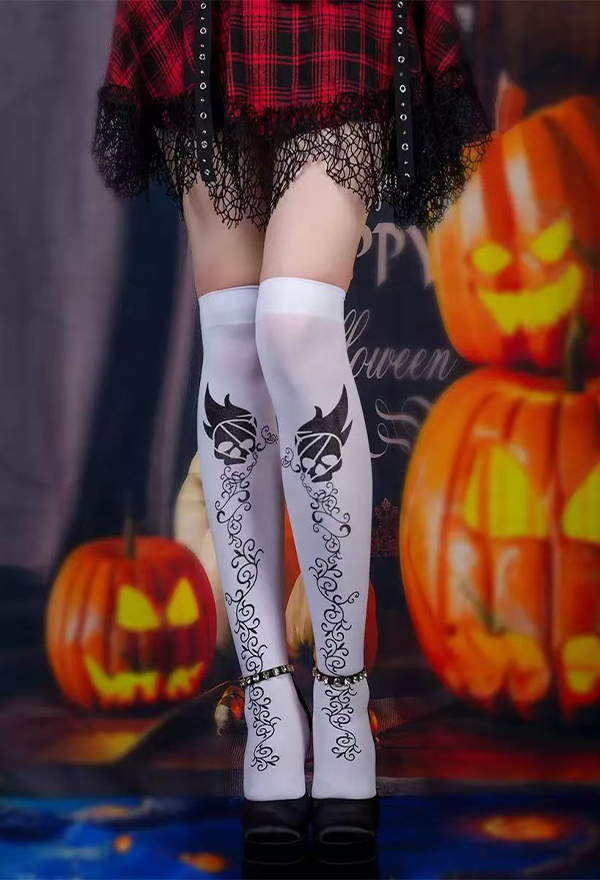 Halloween Gothic Rock Skull Vine Print Over-the-Knee Socks Dark Y2K Style Thigh-high Stockings